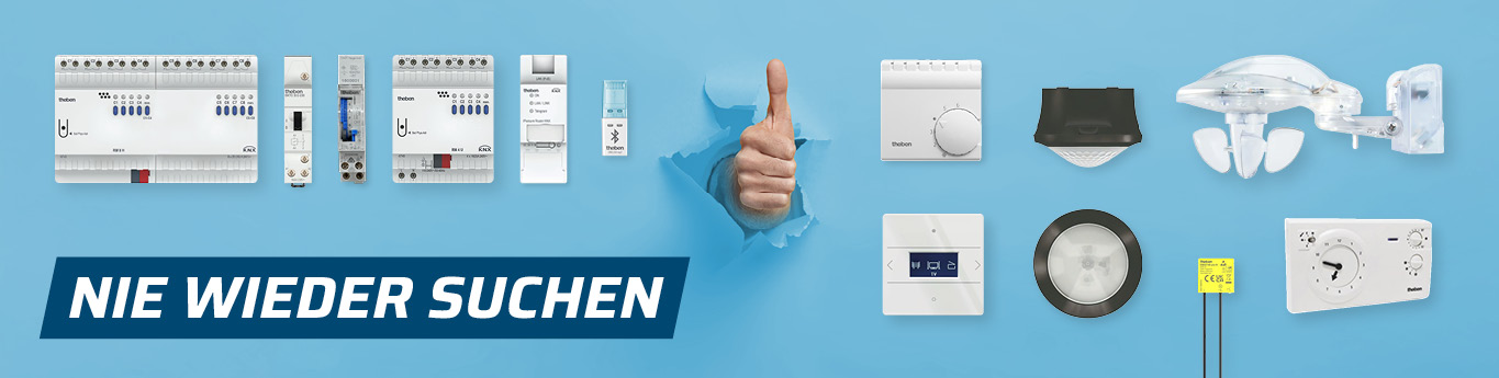 Breitbild-Banner mit dem Slogan „NIE WIEDER SUCHEN“ auf blauem Hintergrund. Zu sehen sind diverse Theben Bestseller wie KNX-Aktoren, Zeitschaltuhren, Präsenzmelder und Wetterstationen sowie ein „Daumen hoch“-Symbol.