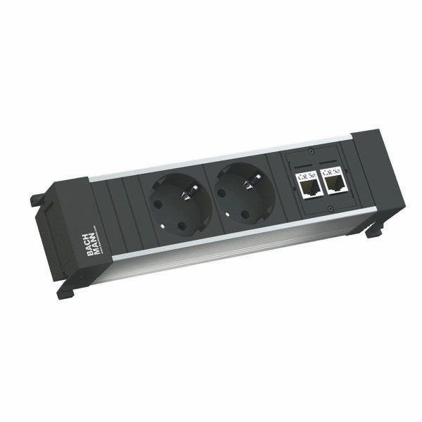 Bachmann 317.101 Power Frame, 2 Schutzkontaktsteckdosen, 2 CAT6A Buchse, Zuleitung 0,2m H05VV-F 3G1,5qmm, mit Wieland GST18 Stecker