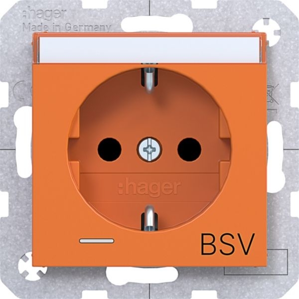 Hager WAS1441AP Schutzkontaktsteckdose mit LED und Aufdruck BSV, Beschriftungsfeld, erhöhter Berührungsschutz, Steckklemmen, A.x/C.x, orange glänzend