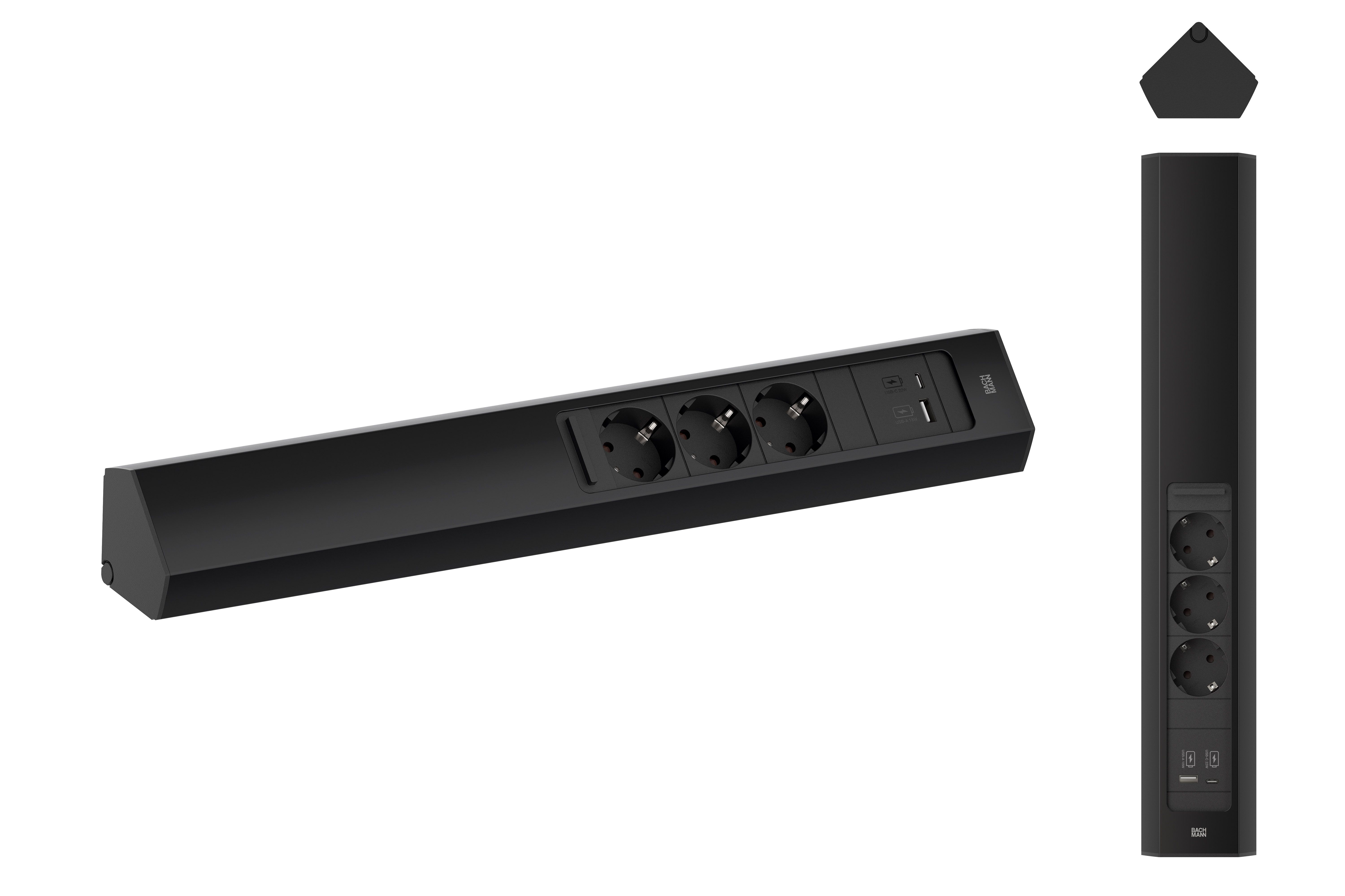 Bachmann 932.106 Steckdosenleiste CASIA 2 Lang, 3x Schutzkontaktsteckdose, 1x USB A/C 22W, 2,0 m Aderendhülsen und beigelegter Montagestecker, schwarz