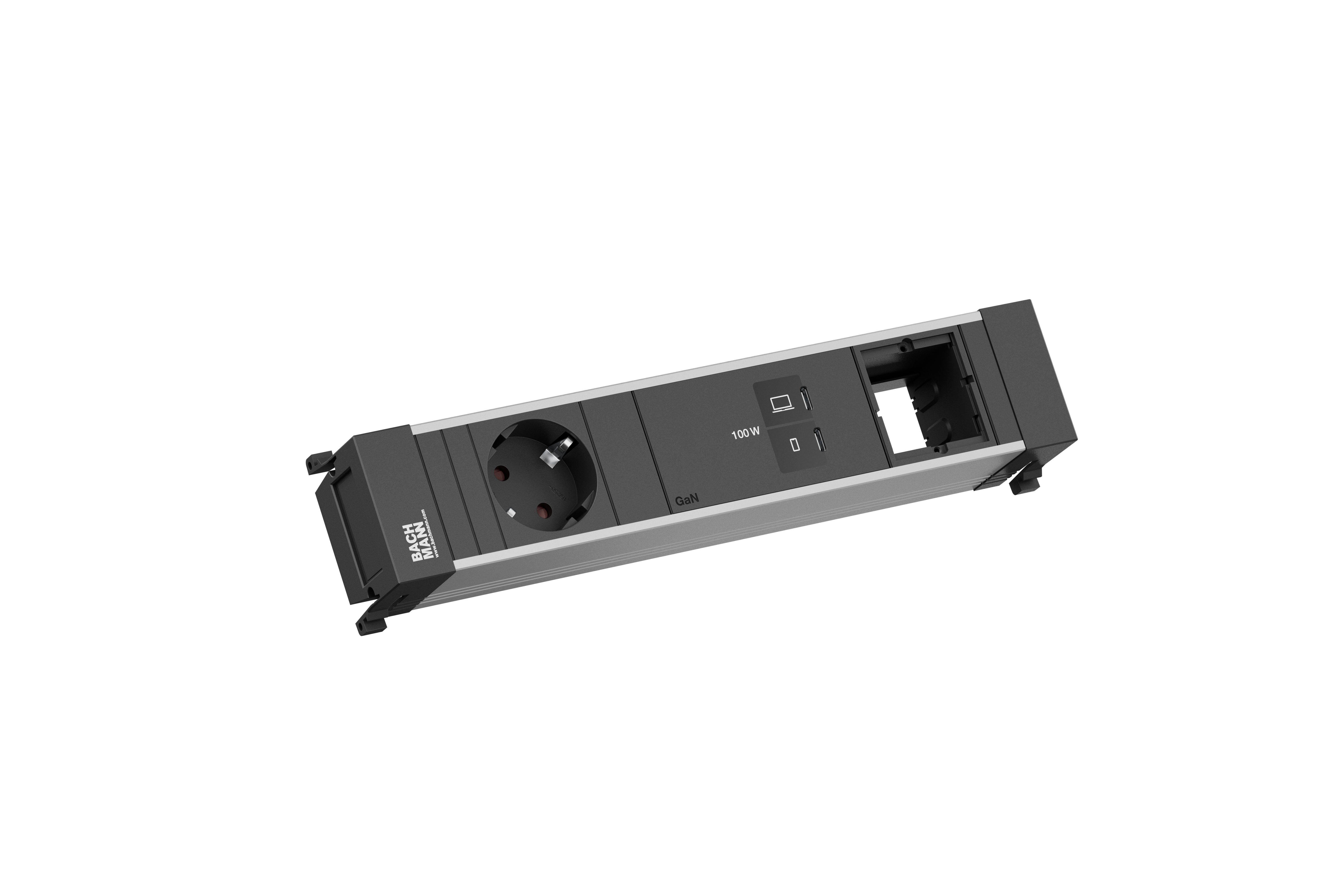 Bachmann BM0023849 Einbau-Steckdosenleiste POWER FRAME Medium, 1x Schutzkontaktsteckdose, 1x USB C/C 100 W, 1x Custom Module, 0,2 m GST18, schwarz