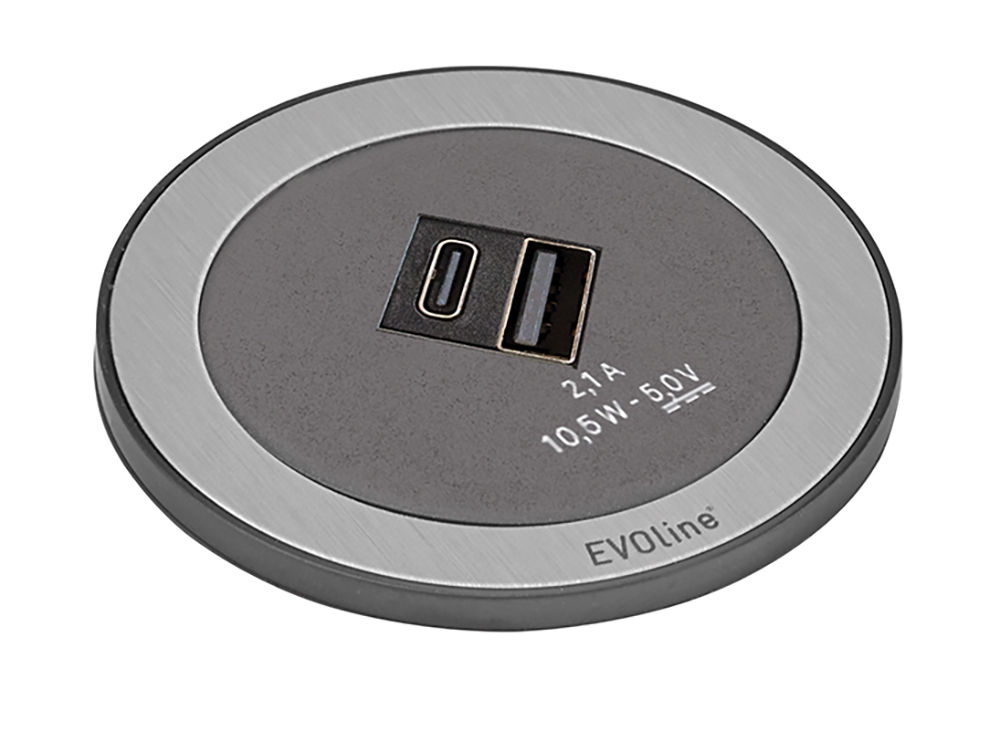 EVOline® 159280014900 One mit Doppel USB Charger Typ A + C, Netzanschlusskabel 3 m, schwarz mit Edelstahleinleger