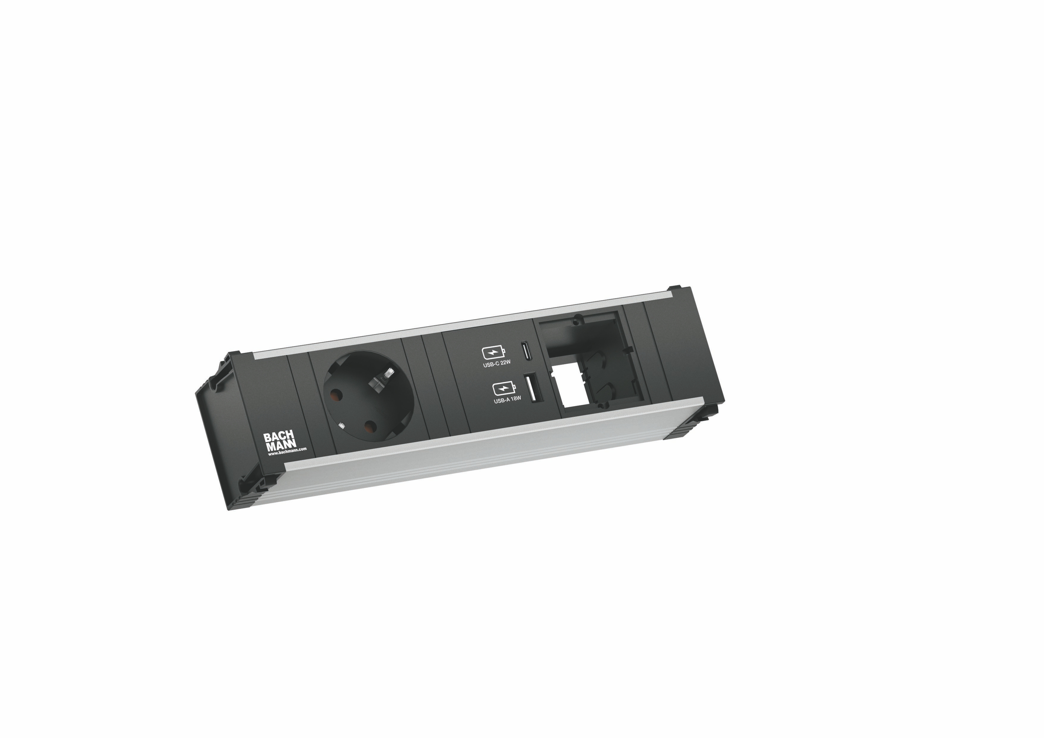 Bachmann 912.167 Steckdosenleiste CONI Small, 1x Schutzkontaktsteckdose, 1x USB A|C 22 W, 1x Custom Module, 0,2 m GST18, aluminium