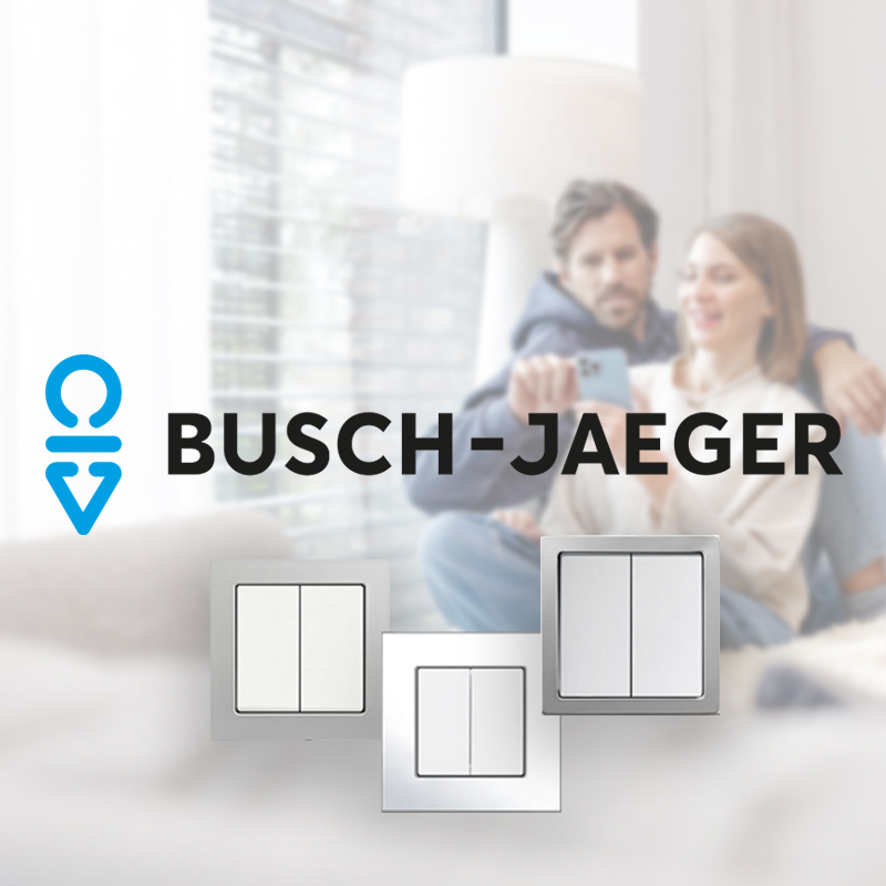 Werbebanner für den Busch-Jaeger Smart Switch. Im Vordergrund ist das Busch-Jaeger-Logo und und darunter sind drei kabellose Schalter in Silber und Weiß abgebildet. Im Hintergrund unscharf ein Paar auf dem Sofa.
