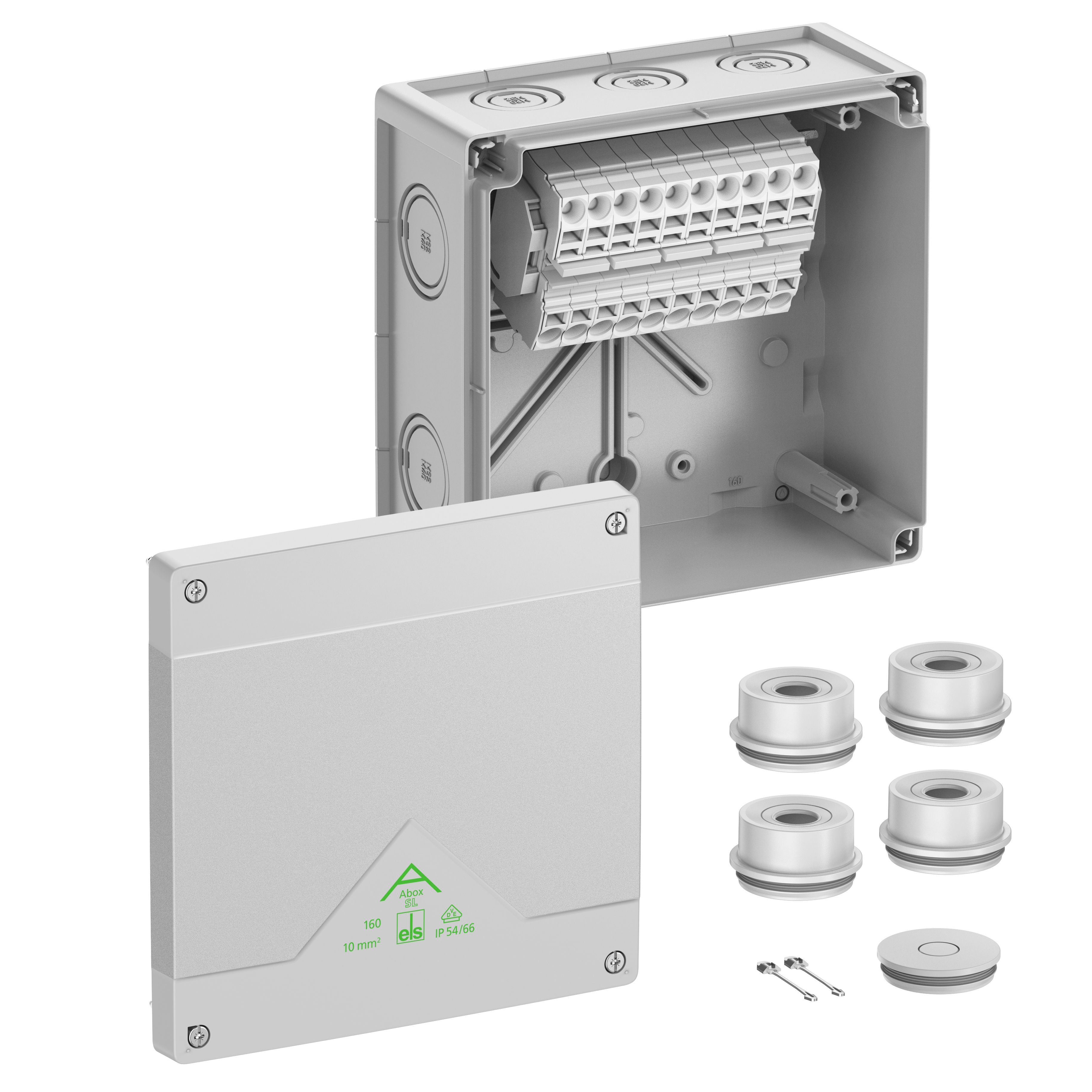 Spelsberg 81044001 Abzweigkasten, Schutzart IP55/IP66, max. Leiterquerschnitt 10mm², Schlagfestigkeit IK07, Schutzklasse II, Ui 690V AC, Ui 690V DC, DLG, VDE, halogenfrei