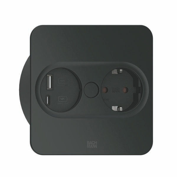 Bachmann 946.105 Steckdoseneinheit TWIST 2, 1x Schutzkontaktsteckdose, 1x USB A/C 22 W, 2,0 m Aderendhülsen und Montagestecker, eckig, schwarz matt