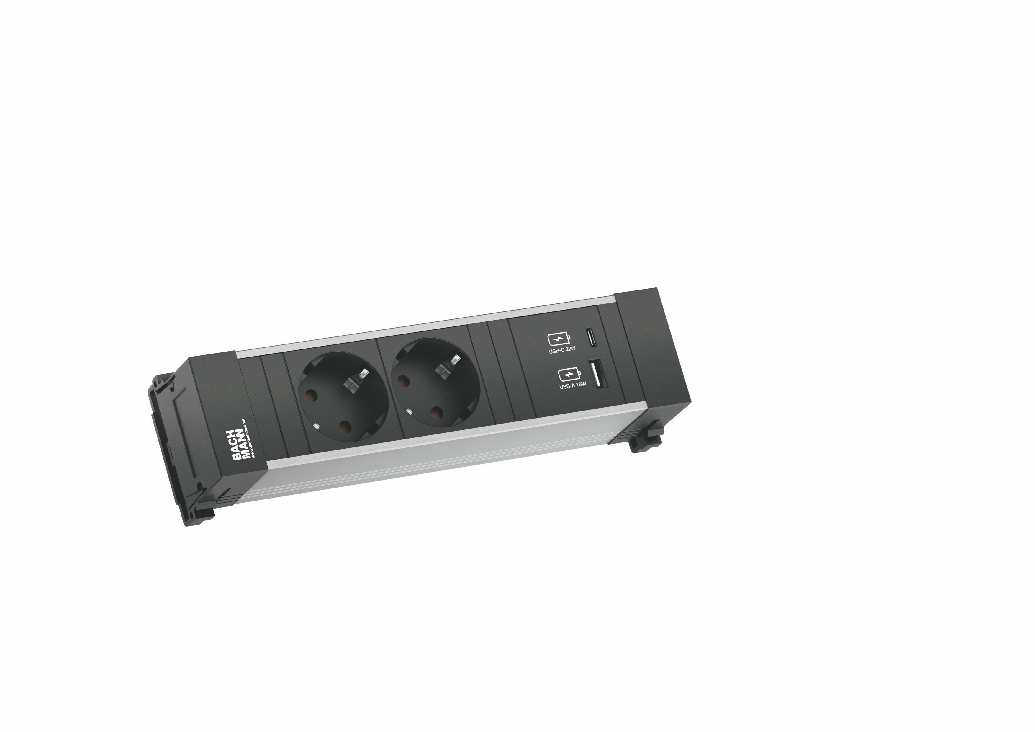 Bachmann 916.501 Einbau-Steckdosenleiste POWER FRAME Small, 2x Schutzkontaktsteckdose, 1x USB A&C 22 W, 0,2m GST18, aluminium/schwarz
