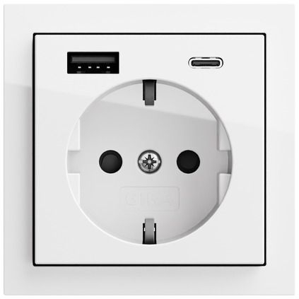 Gira 245970 Schutzkontakt-Steckdose  mit erhöhtem Berührungsschutz (Safety Plus) und USB-Spannungsversorgung 2-fach Typ A / Typ C, Flächenschalter, reinweiß glänzend