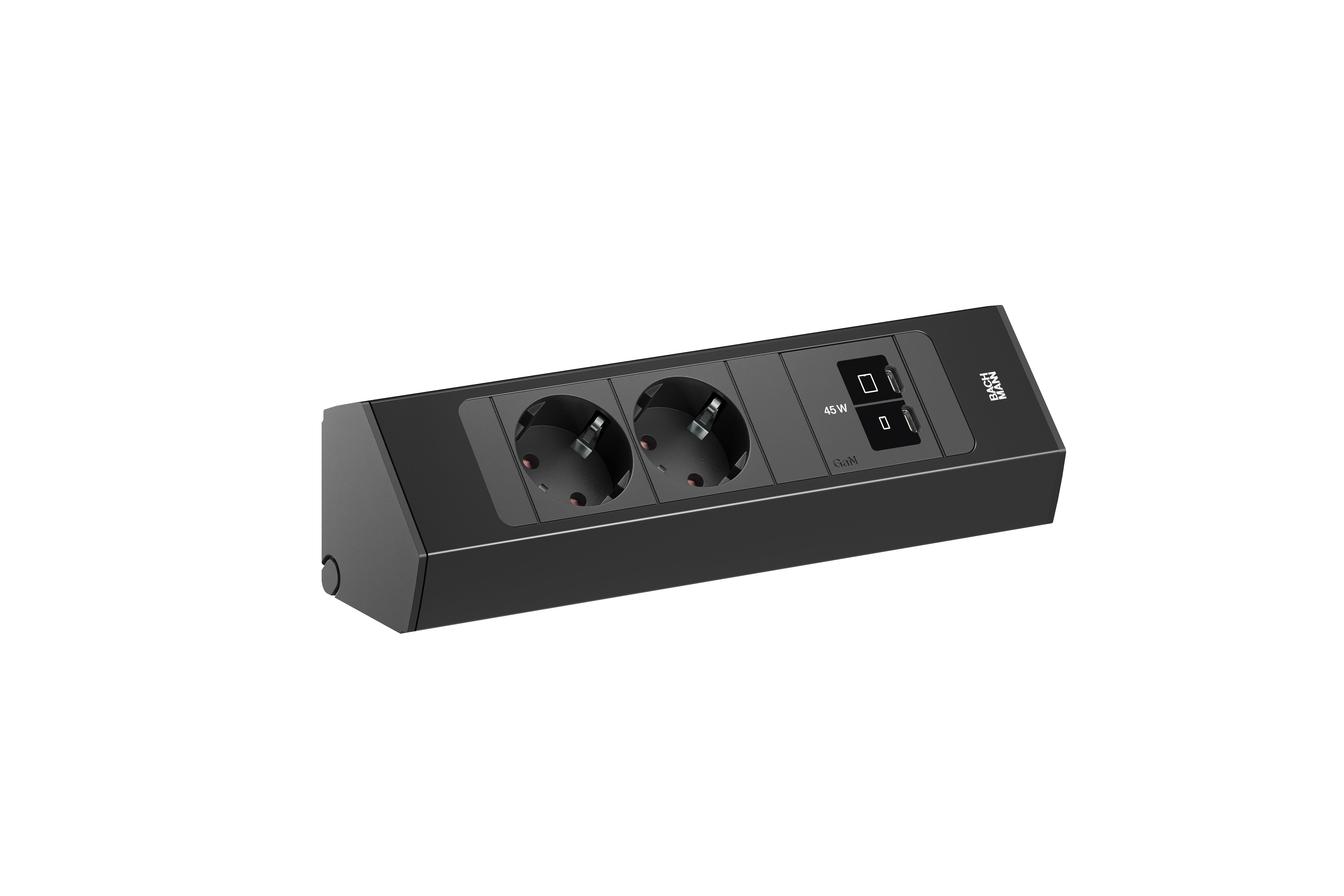 Bachmann BM0023176 Steckdosenleiste CASIA 2 Kurz, 2x Schutzkontaktsteckdose, 1x USB C/C 45W, 2,0 m Aderendhülsen und beigelegter Montagestecker, schwarz