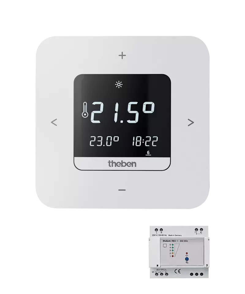 Theben 8139201 RAMSES 813 top3 Set 1 Digital-Uhrenthermostat im Set Wochenprogramm, Batterieversion, App-Bedienung möglich, Empfänger für DIN-Schiene