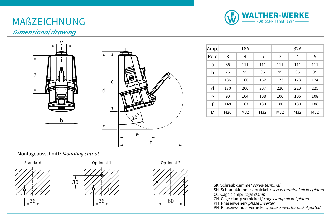 Walther Electric FW130506CC CEE NEO Wandsteckdose, 400V, 32A, 5P, 6h, IP54, mit Käfigzugfeder-Technik