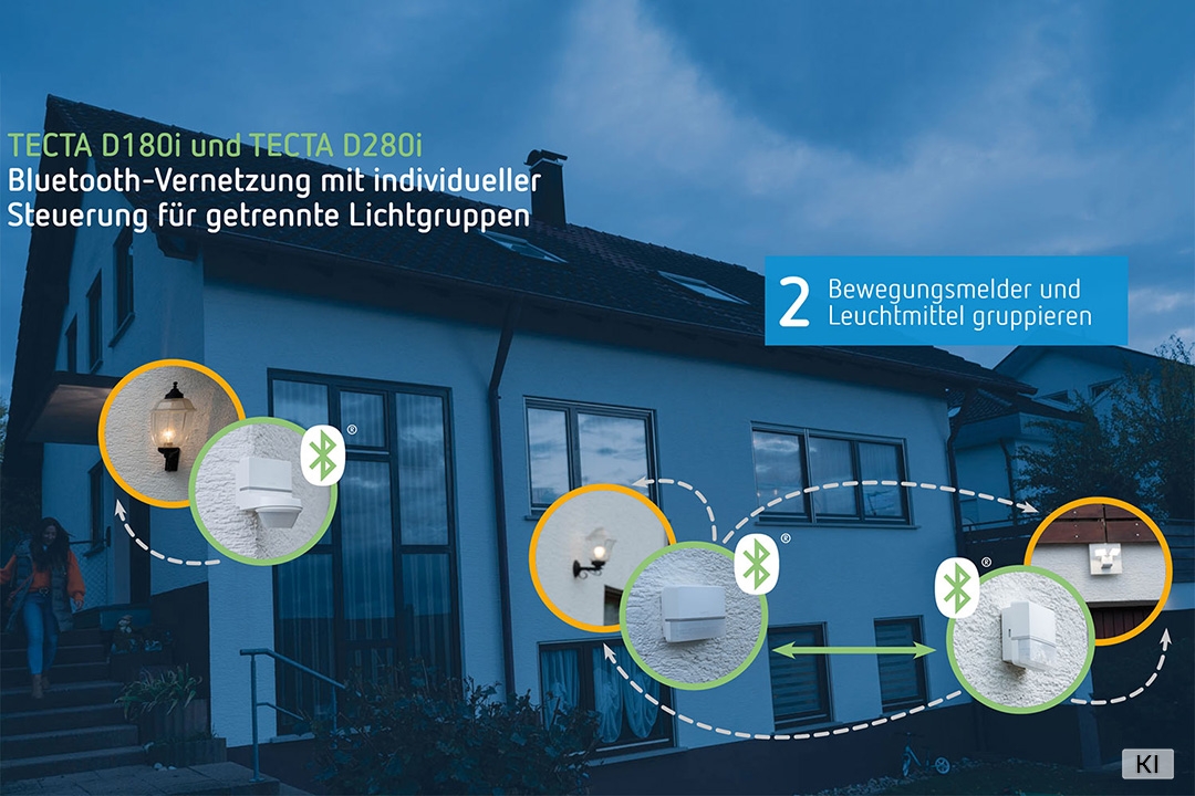 Theben 1010105 TECTA D180i Bewegungsmelder (PIR) für die Wandmontage im Außenbereich, Erfassungsbereich 180° per App einstellbar, Unterkriechschutz, Exit-On, weiß