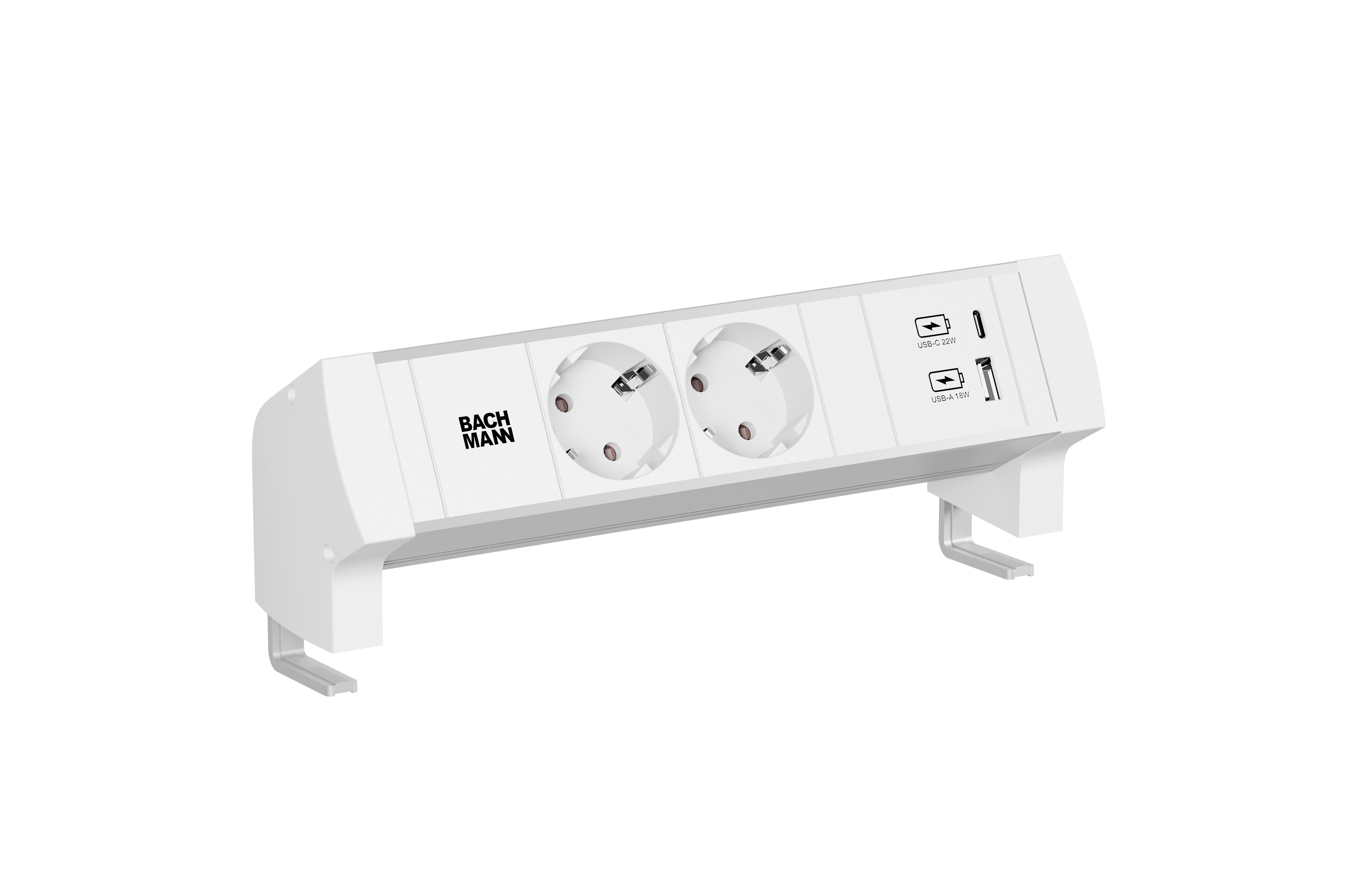 Bachmann BM0028979 Steckdosenleiste DESK STYLE, 2x Schutzkontaktsteckdose, 1x USB A/C 22 W, 0,2 m GST18, mit Haltewinkel, hellgrau/weiß