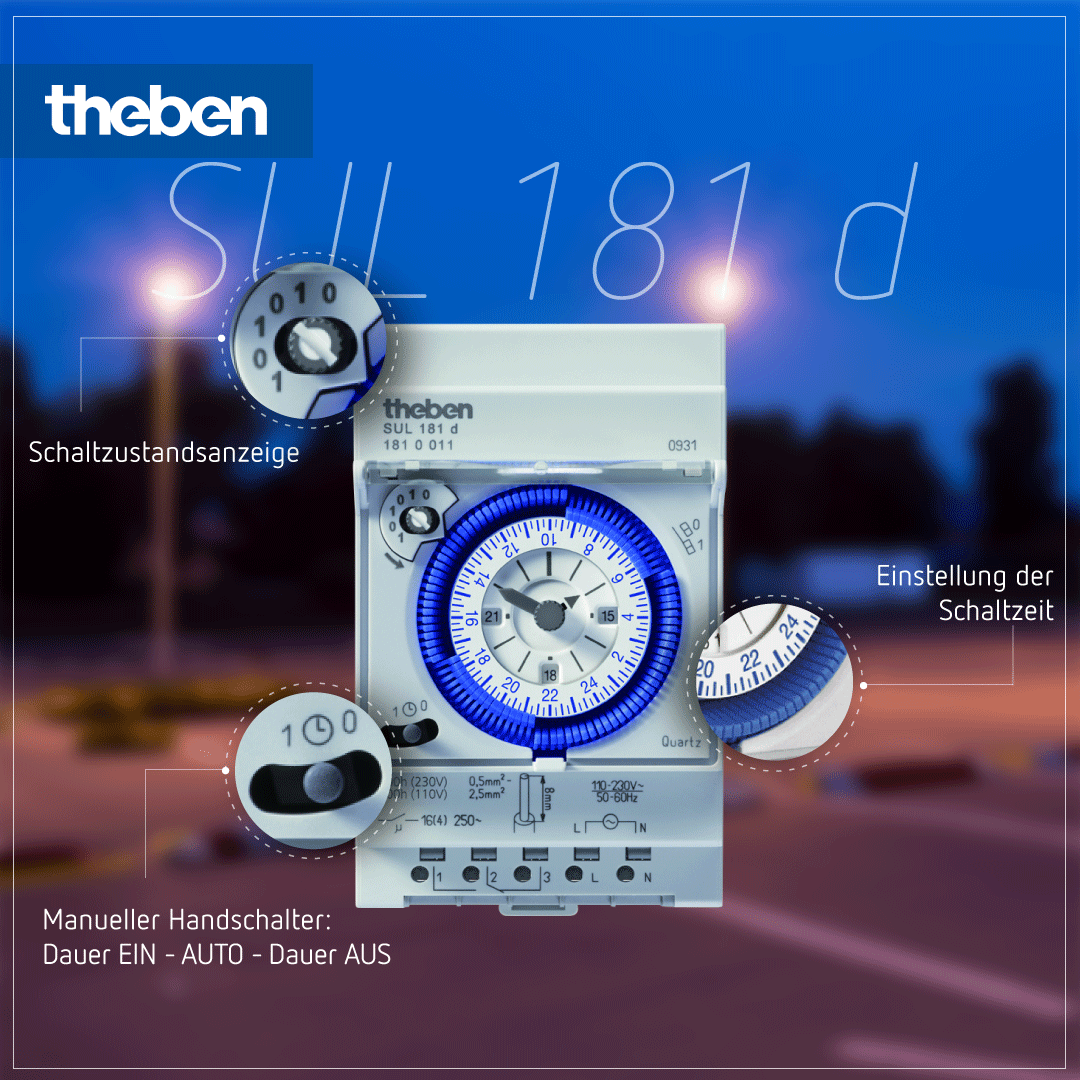 Bedienung der Theben SUL 181 d – Analoge Zeitschaltuhr, Tagesprogramm, 1 Kanal Einfache Bedienung: Theben SUL 181 d – Analoge Zeitschaltuhr mit Tagesprogramm und 1 Kanal