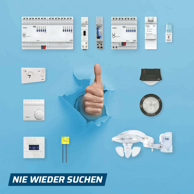 Mobile optimierte Ansicht der Theben Topseller-Übersicht; verschiedene Produkte zur Zeit-, Licht- und Klimasteuerung sind um ein zentrales „Daumen hoch“-Symbol angeordnet.