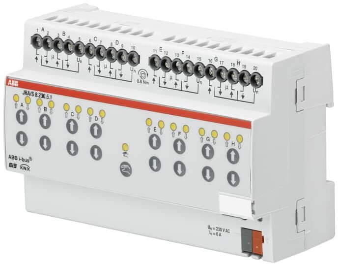 ABB JRA/S8.230.5.1 Jalousie-/Rollladenaktor, Fahrzeiterm., 8-fach, 230 V AC, man. Bed., REG