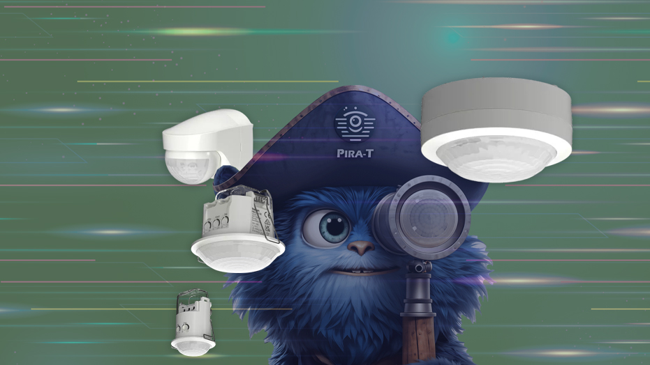 Das blaue und flauschige PIRA T-Maskottchen schaut sich durch ein Teleskop umherfliegende unterschiedliche Bewegungsmelder an