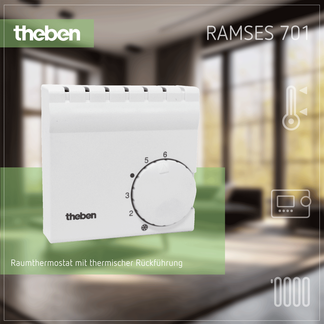 Theben RAMSES 701 – Raumthermostat, thermische Rückführung, 230V für präzise Temperaturregelung Theben RAMSES 701 – Raumthermostat mit thermischer Rückführung, 230V, präzise Raumtemperatursteuerung