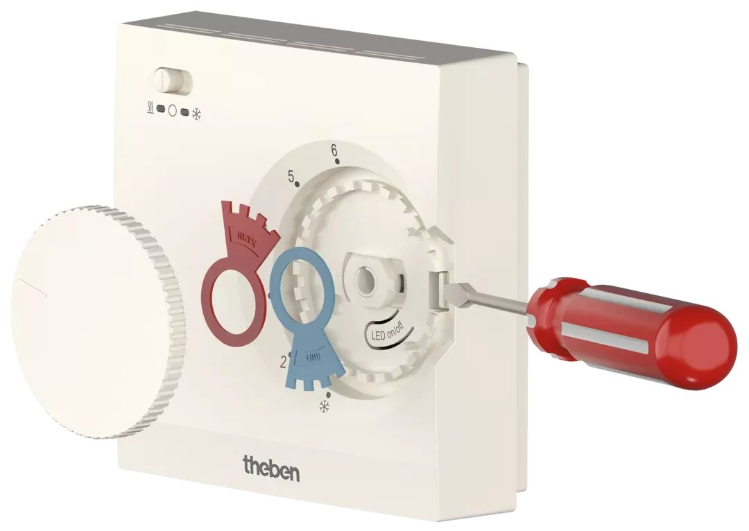 Theben 7080003 RAMSES 708 S Elektronischer Aufputz-Raumthermostat, Temperaturregelung über Stellrad, externe Temperaturabsenkung möglich, Schalter Ein/Aus/Kühlen, weiß
