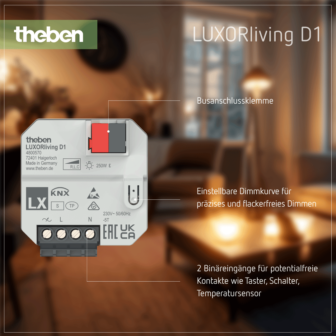 LUXORliving D1 – 1-fach UP-Dimmaktor zur Lichtsteuerung in Smart-Home-Lösungen Produktdetails zum Theben LUXORliving D1 Dimmaktor, 1-fach, Unterputz, für Smart-Home-Lichtsteuerung