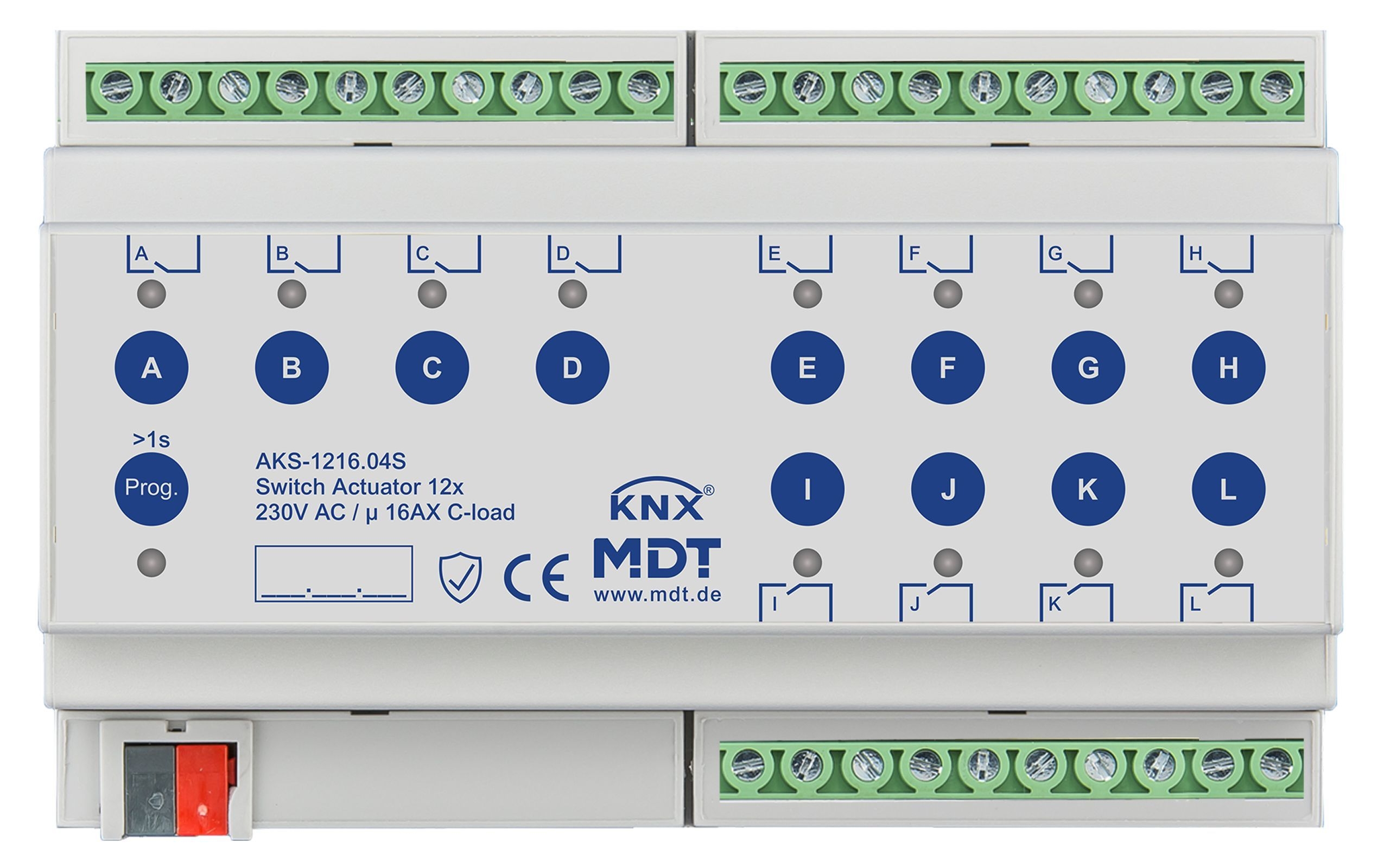 MDT AKS-1216.04S KNX Schaltaktor 12-fach, 8TE REG, 16 A, 230 V AC, C-Last, Standard, 140µF