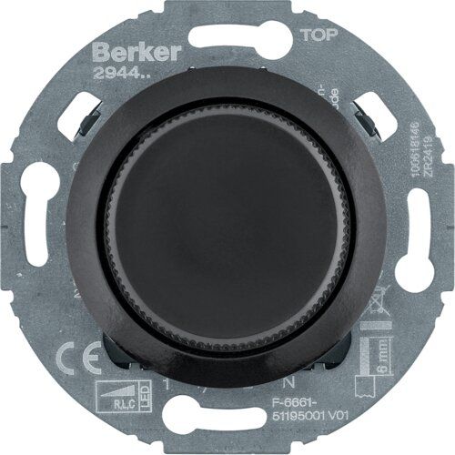 Berker 294411 Universal-Drehdimmer Komfort mit Zentralstück (R, L, C, LED), Serie 1930/Glas, schwarz glänzend