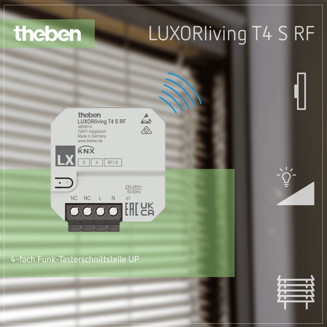 LUXORliving T4 S RF – 4-fach UP Funk-Tasterschnittstelle zur kabellosen Steuerung. Theben LUXORliving T4 S RF 4-fach UP Funk-Tasterschnittstelle zur Steuerung von Smart-Home-Geräten