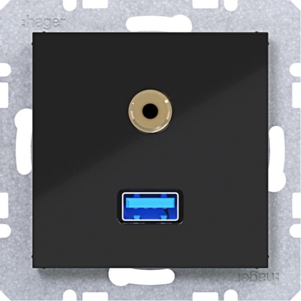 Hager WAF4381BG USB / 3,5 mm Audio Steckdose, A.x/C.x, nachtschwarz glänzend