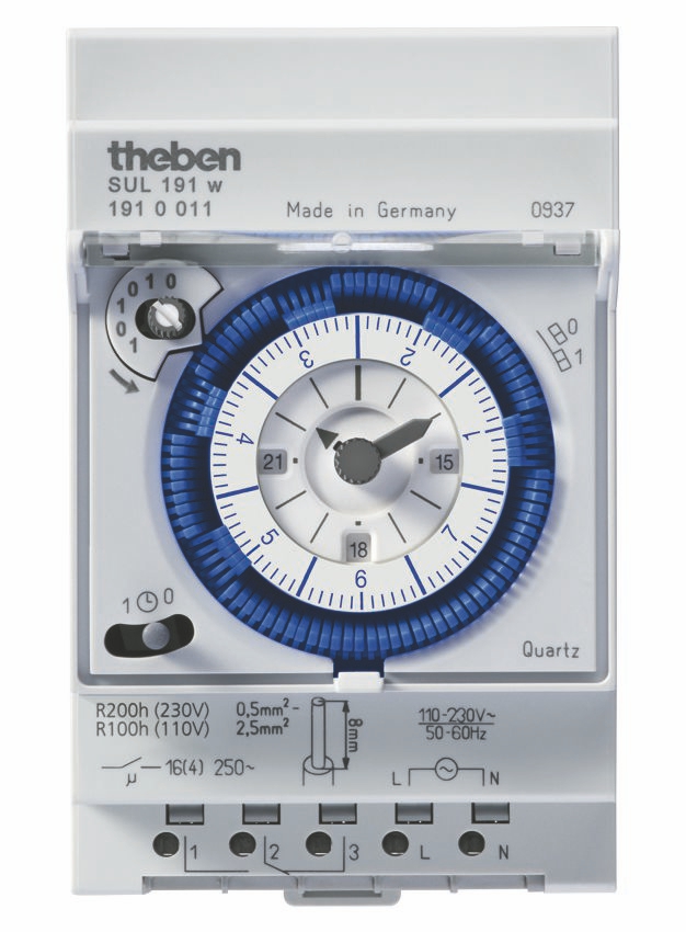 Theben 1910011 SUL 191 w Reiheneinbau-Zeitschaltuhr 7Tage, Steckreiter, Gangreserve, 3 TE