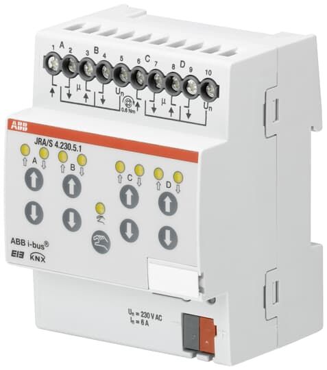 ABB JRA/S4.230.5.1 Jalousie-/Rollladenaktor, Fahrzeiterm., 4-fach, 230 V AC, man. Bed., REG