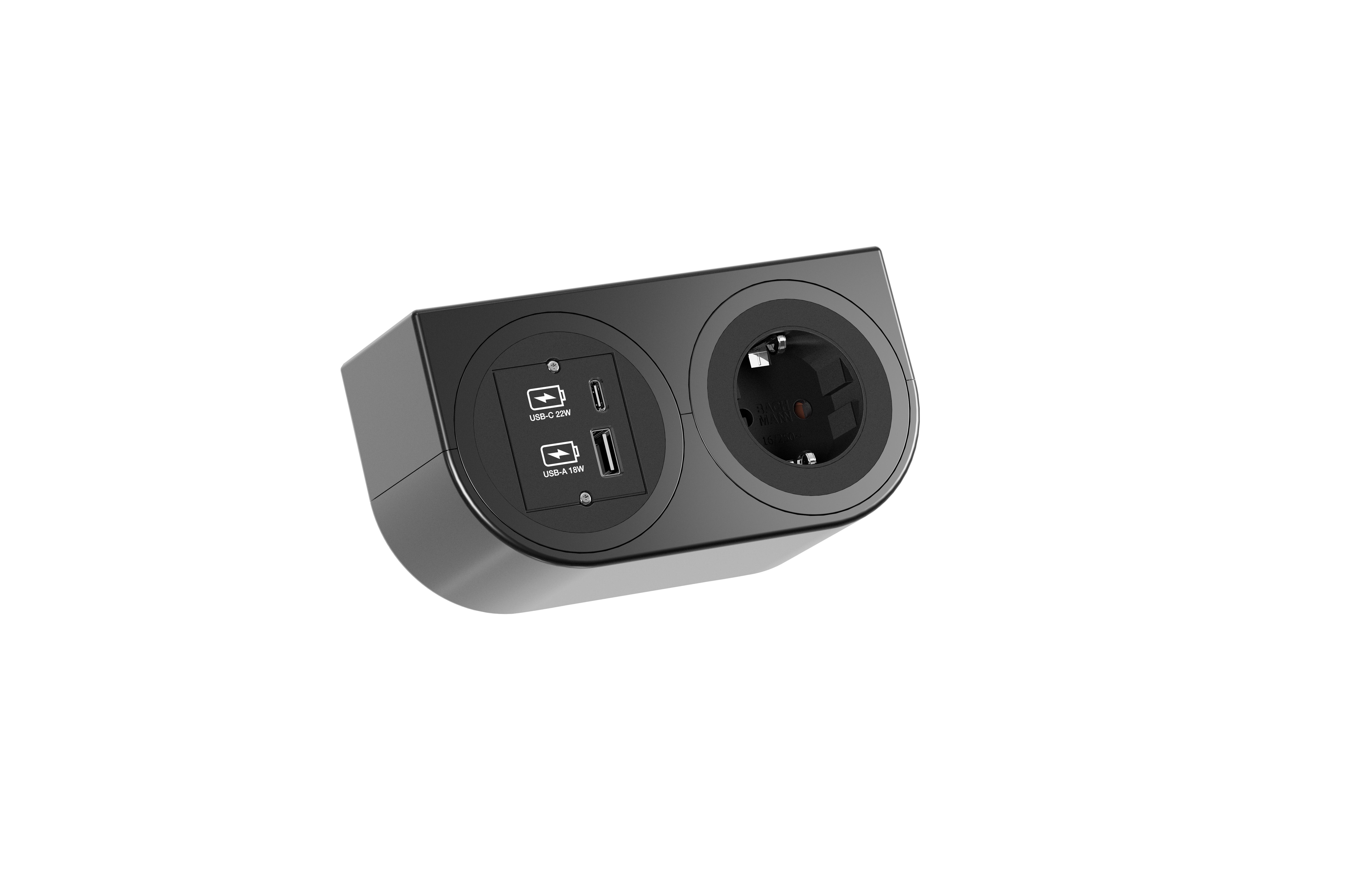 Bachmann BM0020104 Steckdoseneinheit PIX HOLDER 2-fach, 1x Schutzkontaktsteckdose, 1x Сustom Module USB А/С 22 W, 0,2 m GST18, schwarz
