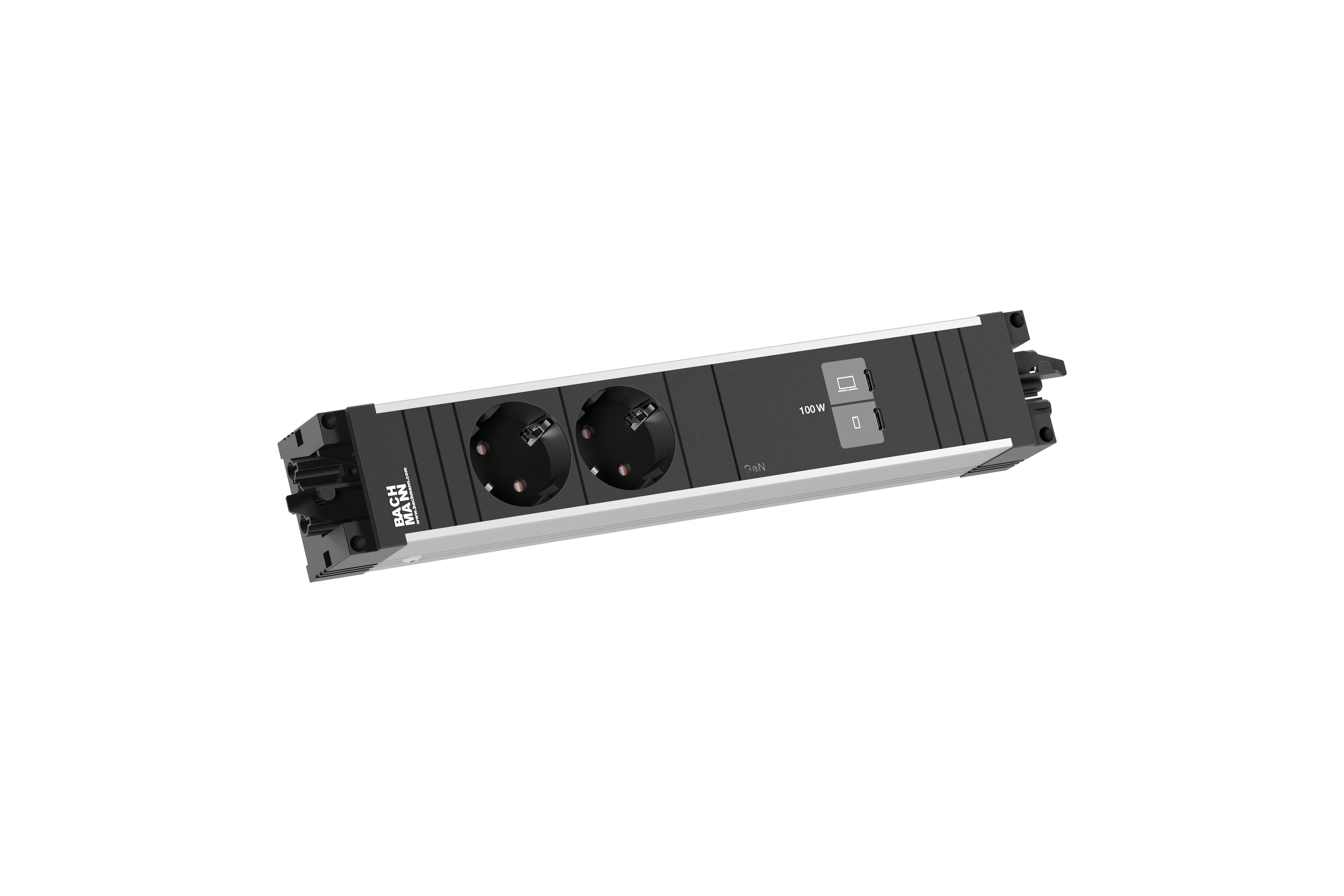 Bachmann BM0022277 Modulare Steckdosenleiste STEP ALU, 2x Schutzkontaktsteckdose, 1x USB C/C 100 W, GST18, aluminium/schwarz