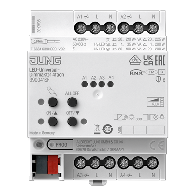Jung 390041SR KNX LED-Universal-Dimmaktor, 4-fach, AC 110 ... 230 V ~, 50/60 Hz, 4 TE, Secure