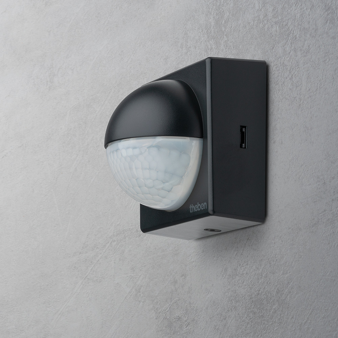 Theben 1010201 theLuxa R180 BK Bewegungsmelder 180° für Wandmontage, Lichtsteuerung, max. 12 m, schwarz