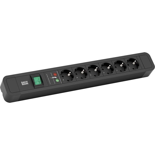 Bachmann 350.002 Steckdosenleiste PRIMO 2, 6x Schutzkontaktsteckdose, 1x Überspannungsschutz, 1x Schalter, 2,0 m Schutzkontakt-Winkelstecker, schwarz