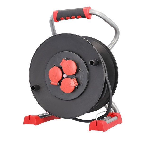 Bachmann 399.190 Profi-Kabeltrommel Kunststoff 25 m H07RN-F 3G 1,5 qmm mit Thermoschutz, 3x Schutzkontaktsteckdose, 1x Schutzkontaktstecker, IP44, rot/schwarz
