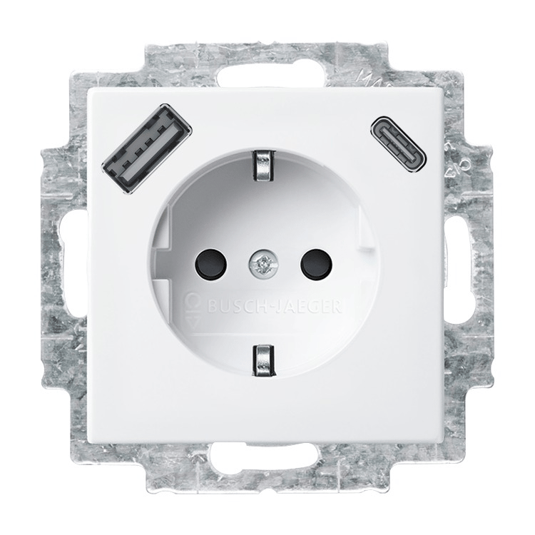 Busch-Jaeger 20 EUCB2USBAC-914 Schutzkontakt-/USB-A+C Steckdose Safety+, mit Befestigungskrallen, alpinweiß glänzend, Busch-balance SI