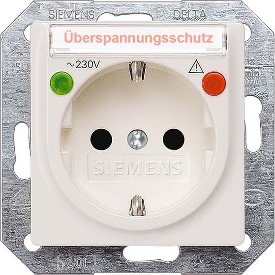 Siemens 5UB1556 DELTA i-system Schutzkontakt-Steckdose mit Überspannungsschutz und Funktionsanzeigen und Beschriftungsfeld, mit erhöhtem Berührungsschutz, elektroweiß