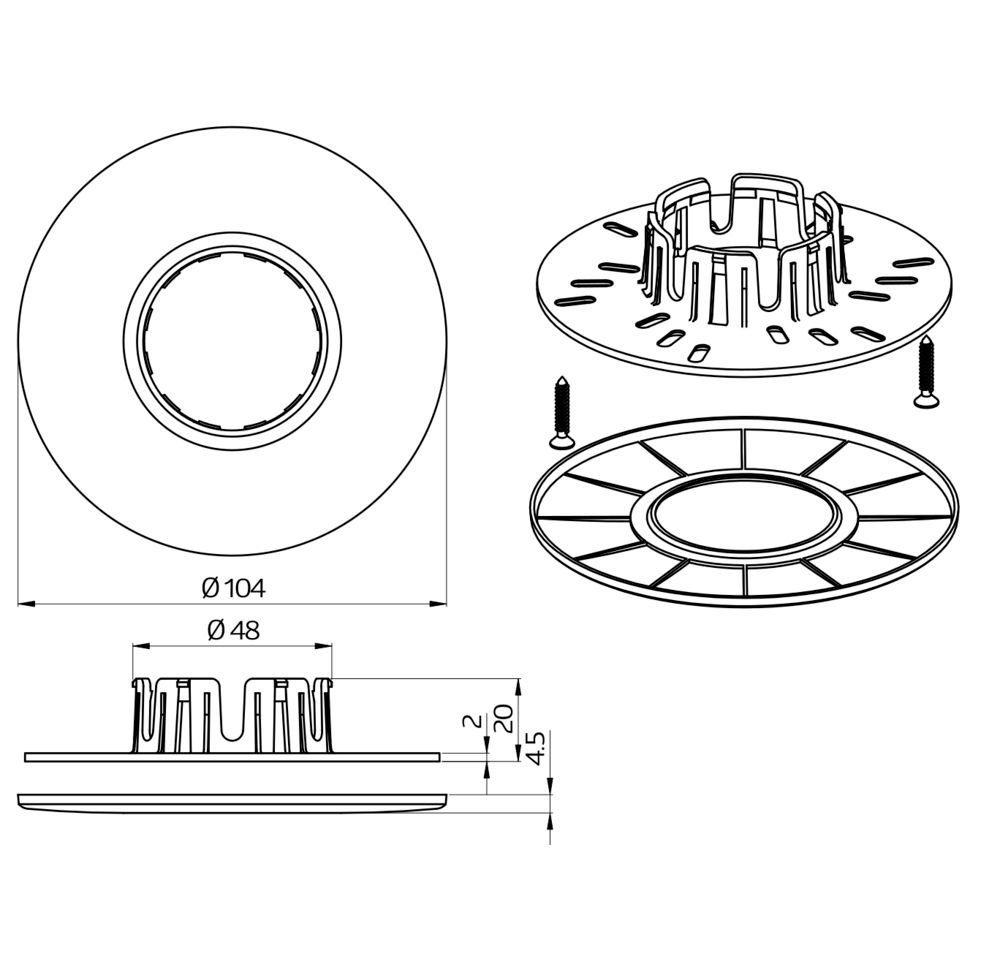 B.E.G. 92833 UP-Adapter Set 2 für PD11  bestehend aus:  1x UP-Montageadapter für PD11  2x UP-Edelstahlschrauben  1x UP-Designring für PD11
