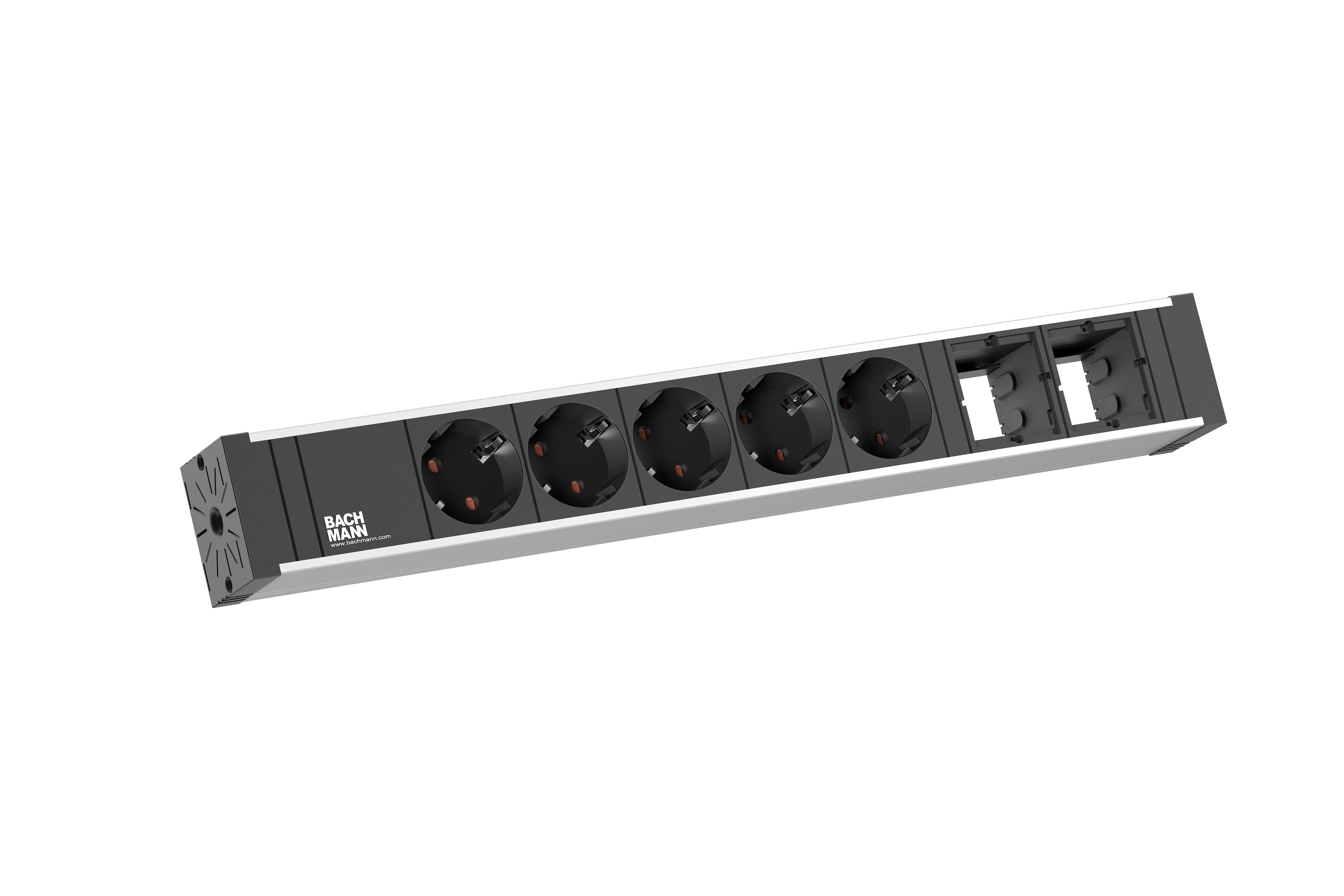 Bachmann 922.0181 Steckdosenleiste UNIVERSAL, 5x Schutzkontaktsteckdose, 2x Custom Module, Leitung 3,0 m Schutzkontakt-Winkelstecker, edelstahl/schwarz