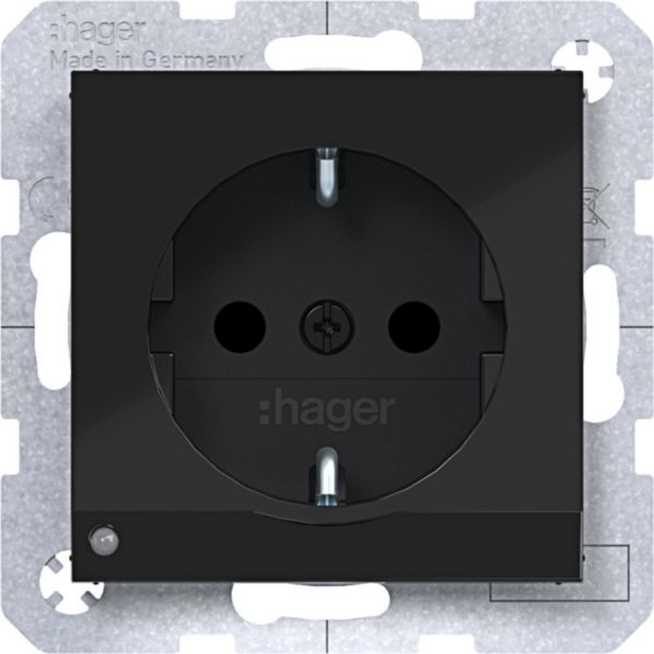 Hager WAS1462BG Schutzkontaktsteckdose mit LED-Orientierungslicht, erhöhter Berührungsschutz, Schraubliftklemmen, A.x/C.x, nachtschwarz glänzend