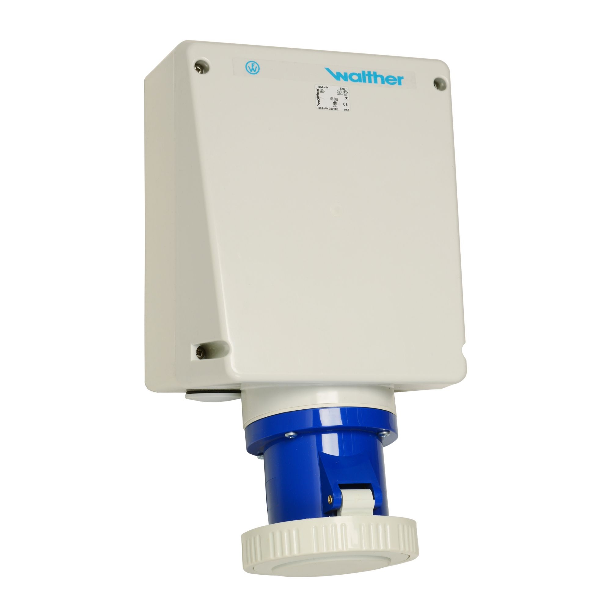 Walther Werke 179306 Wasserdichte Wandsteckdose zur Innenbefestigung 125A 3P 6h mit je 2 Kabeleinführungen oben/unten und Klemmsatz