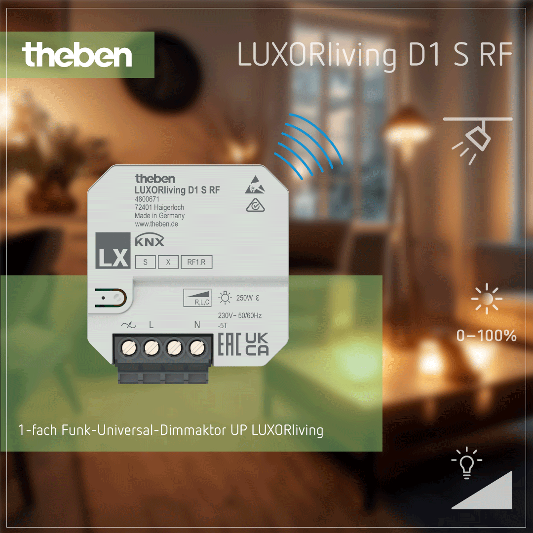 LUXORliving D1 S RF – UP-Funk-Dimmaktor für kabellose Lichtsteuerung in Smart-Home-Systemen Theben LUXORliving D1 S RF UP-Funk-Dimmaktor zur kabellosen Steuerung von Lichtquellen