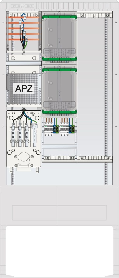 ABN SZ207ZL2506A Zähleranschlusssäule 2 ZP, APZ, Leerpl, 5pol, Sperrb, Haupts. 3p, IP54, ZP-Abd, HAK, ZSK, grau