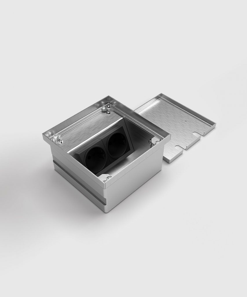 BS 8802T-1-0 Bodensteckdose, 2-fach, eckig, belegbar 7mm, aufliegender Deckel aus Edelstahl, 2x Schutzkontakt-Steckdose