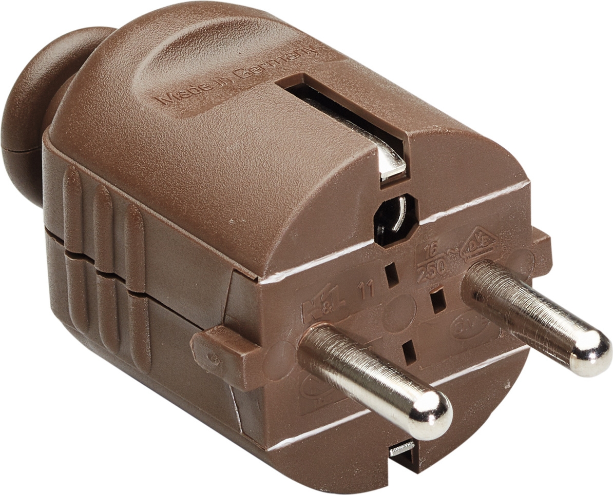 Bachmann 910.470 Schutzkontakt Zentral-Stecker, 16 A, 250 V, kleine Ausführung, mit Zugentlastung, IP20, braun