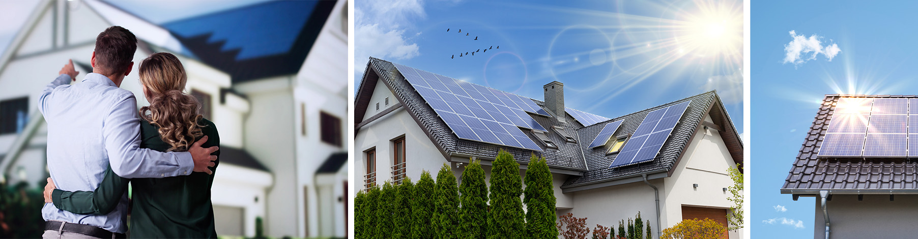 Ehepaar blickt auf ein Haus, ein Wohnhaus mit installierten Solarmodulen und eine Nahaufnahme von Photovoltaik-Paneelen auf einem Dach.