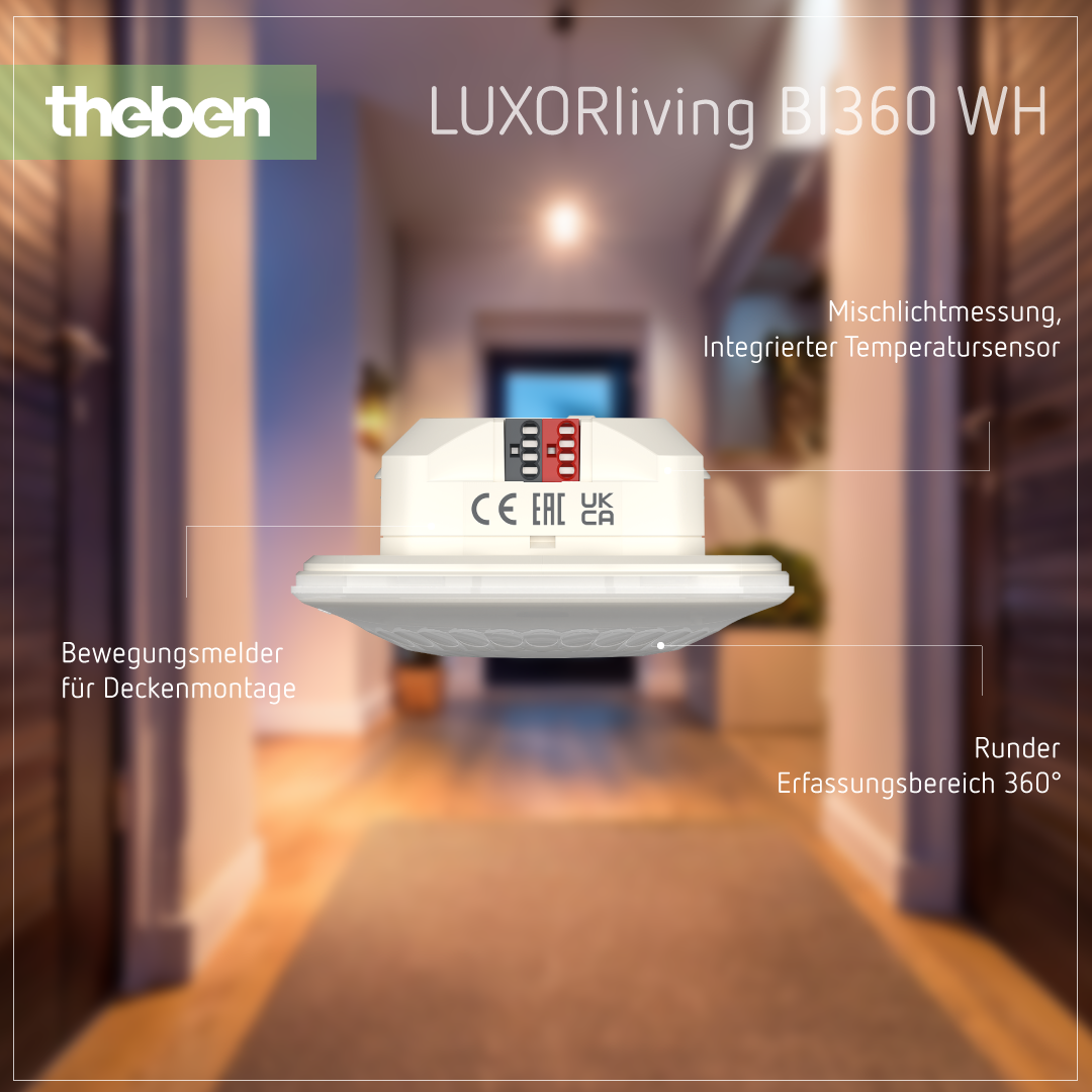 Produktdetails zum LUXORliving BI360 WH Bewegungsmelder, Deckenmontage, für Licht- und Temperatursteuerung.