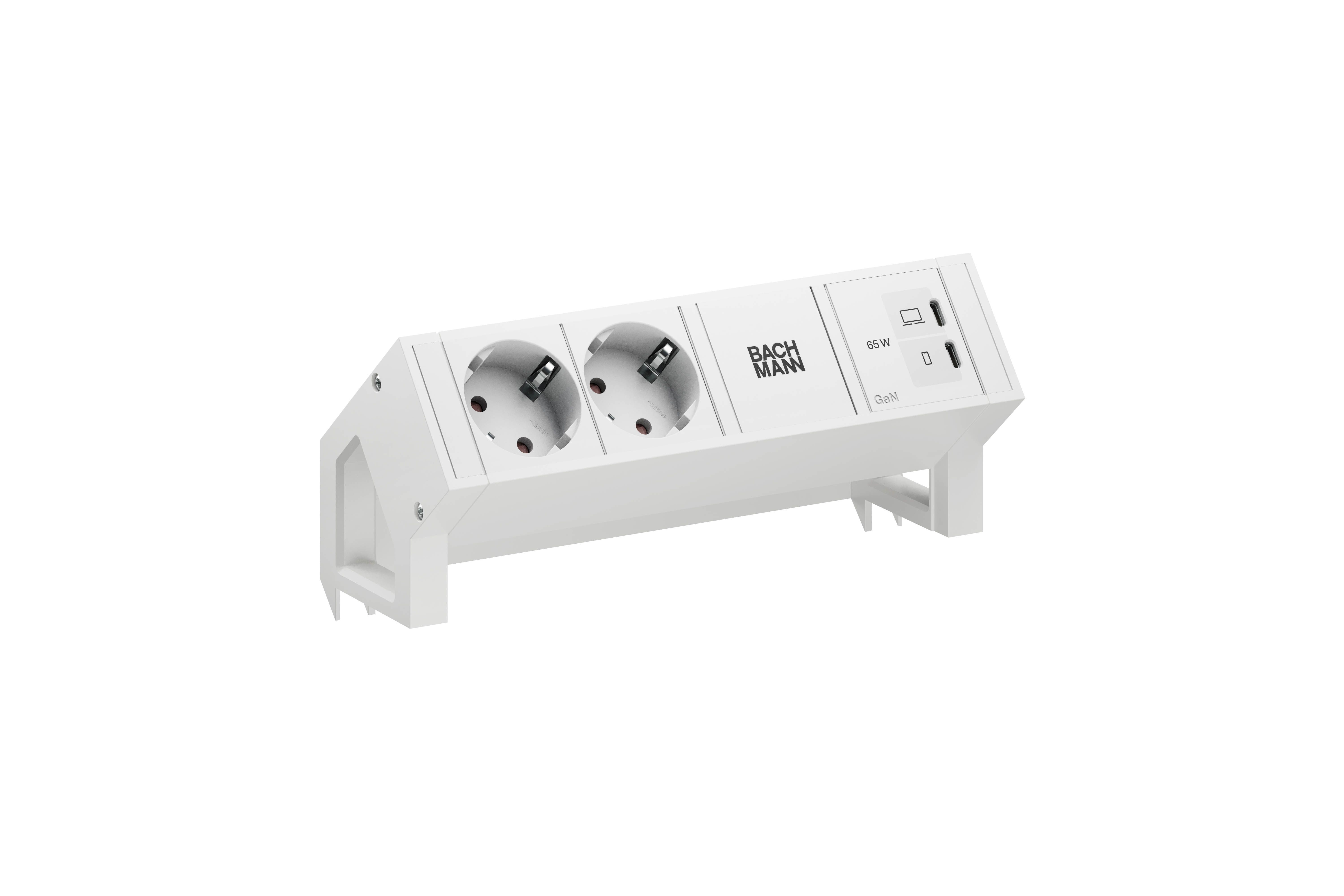 Bachmann BM0022040 Steckdosenleiste DESK2, 2x Schutzkontaktsteckdose, 1x USB C/C 65 W, 0,2 m GST18, inklusive Haltewinkel, weiß