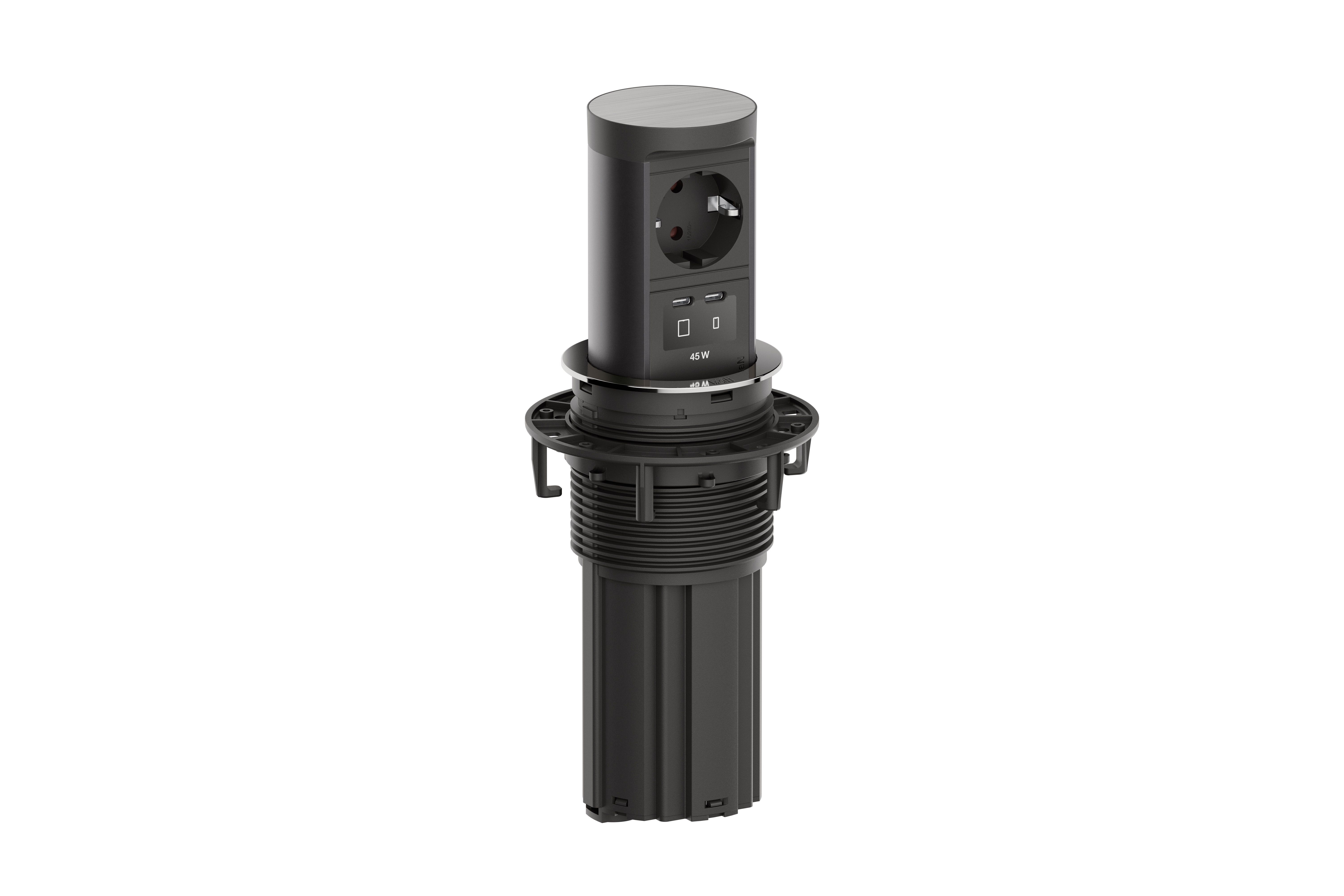 Bachmann BM0020570 Steckdoseneinheit ELEVATOR 2, versenkbar, 1x Schutzkontaktsteckdose, 1x USB C/C 45 W, 2,0 m Aderendhülsen und Montagestecker, edelstahl
